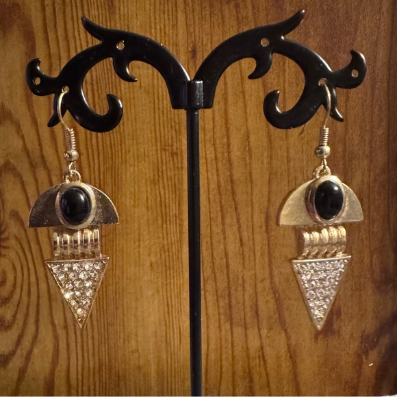 Gold Tone Statement Rhinestone Dangle Earrings - Picture 2 of 5